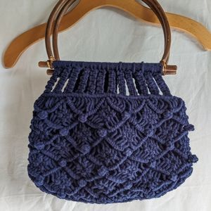 Navy Blue Crocheted, Wood Handles Purse